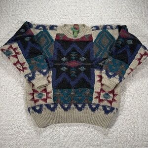 Vintage 80s Boston Traders Wool Sweater Hong Kong Geometric L